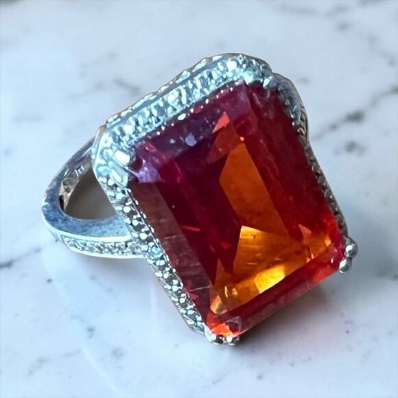 925 Jewelry Jewelry - Sterling Silver Orange/Red Emerald Cut Ring Statement Bold Vintage Style 8.75